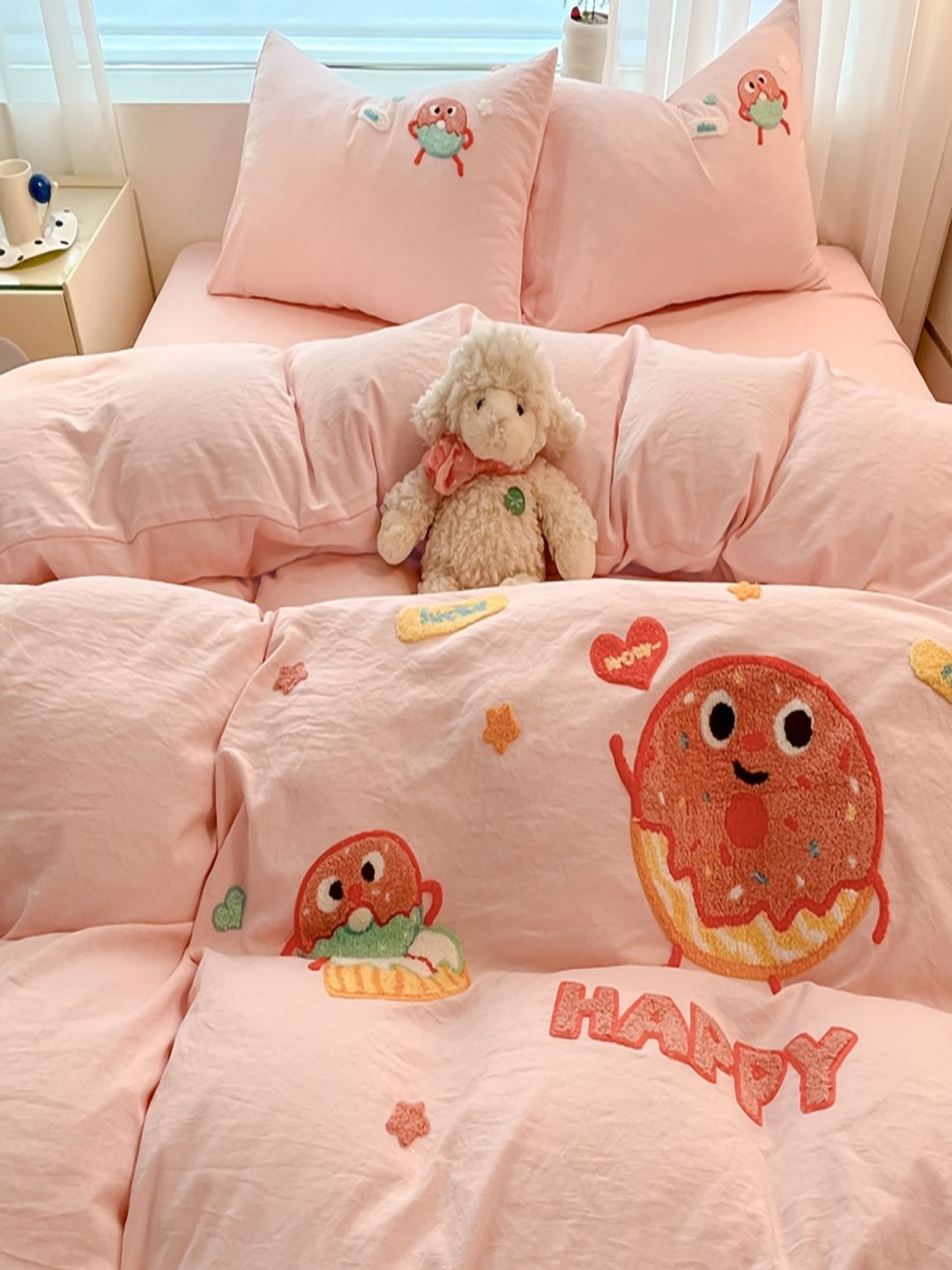 JC HOME Pink & White Geometric Polycotton 4 Piece Double Extra Large Regular Bedding Set