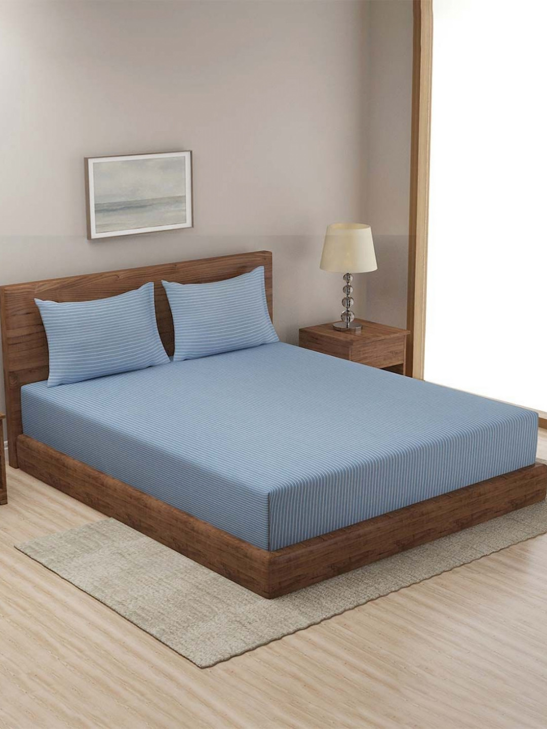 Fabindia Blue Striped Cotton 104 TC King Coarse Bedsheet with 2 Pillow Covers-235 x 260 cm