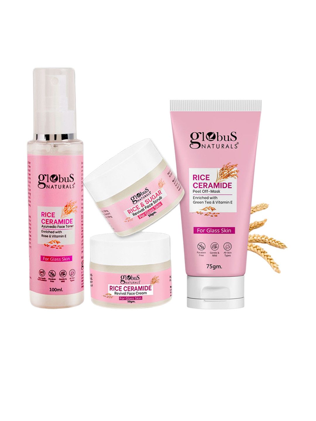 Globus naturals Set Of 4 Rice Ceramide Face Cream Face Toner Scrub & Peel off Mask Combo