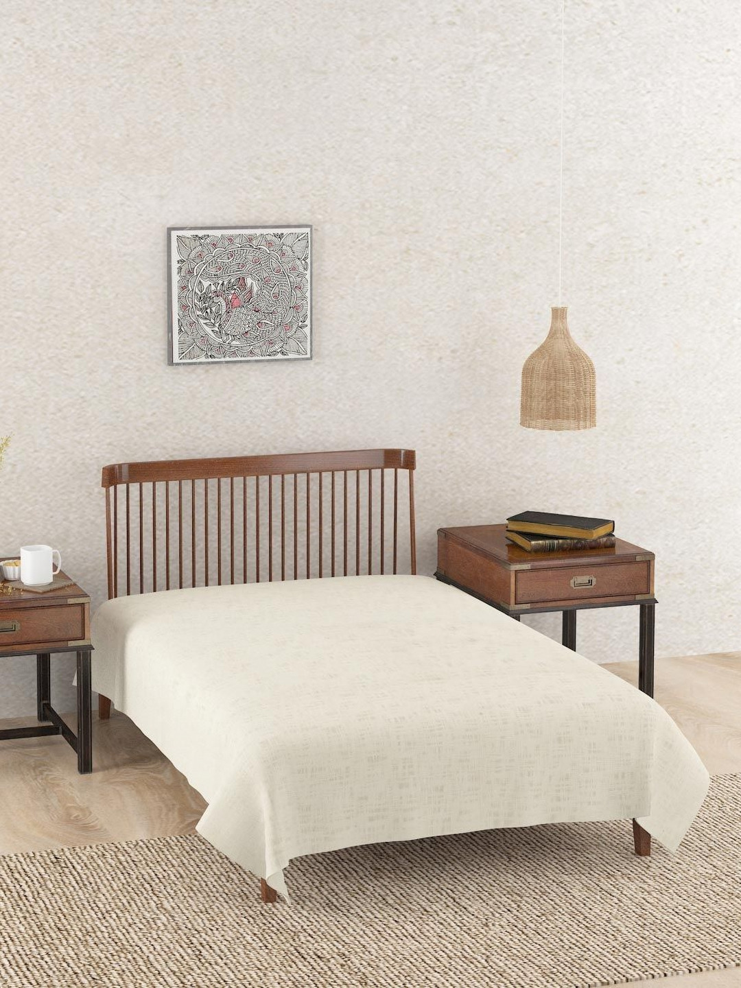 Fabindia Chaman Beige Textured Cotton Queen Bed Cover