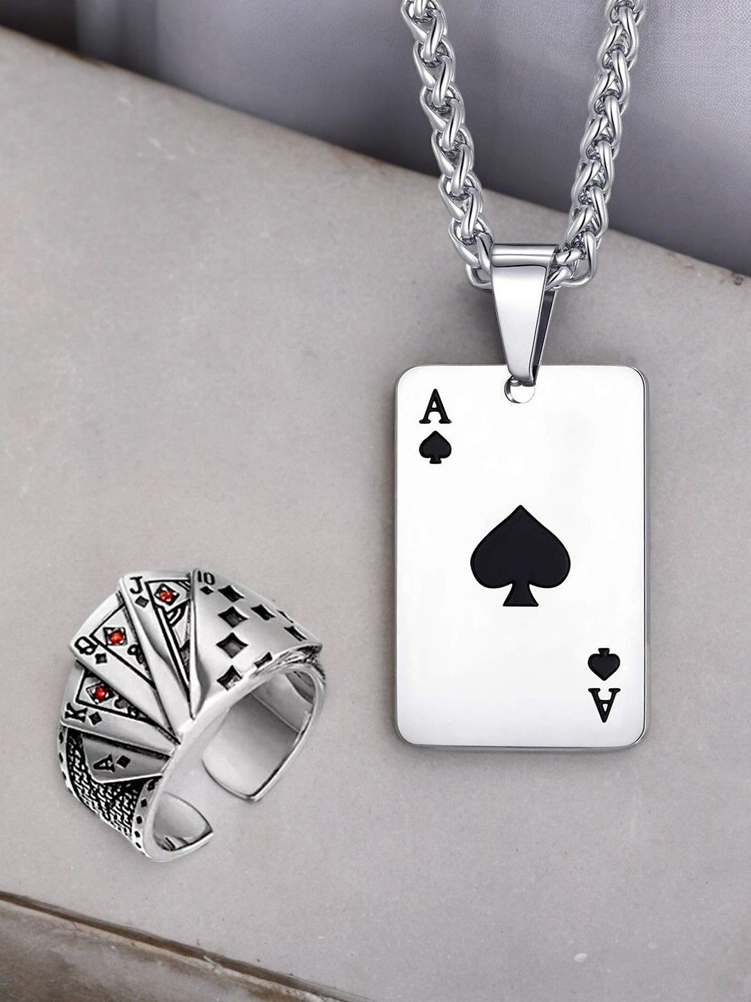 fabula Silver Stainless Steel Ace of Spade & Poker Pendant With Chain & Finger Ring