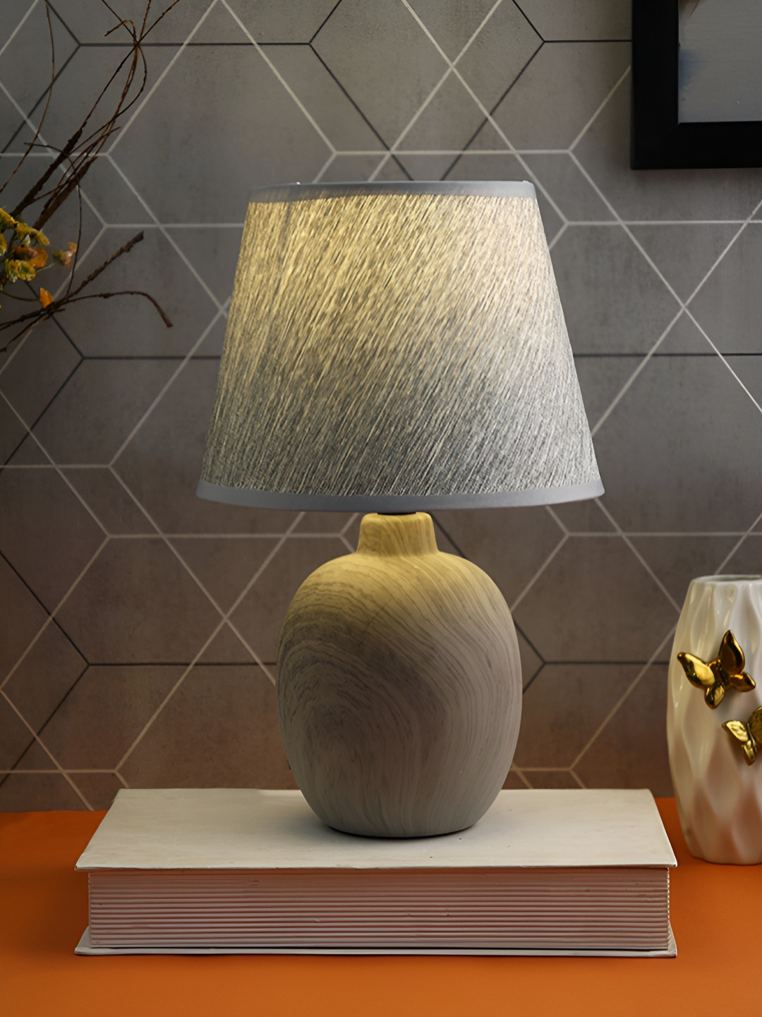TAYHAA Grey Ceramic Contemporary Wooden Frusturical Shaped Table Lamp