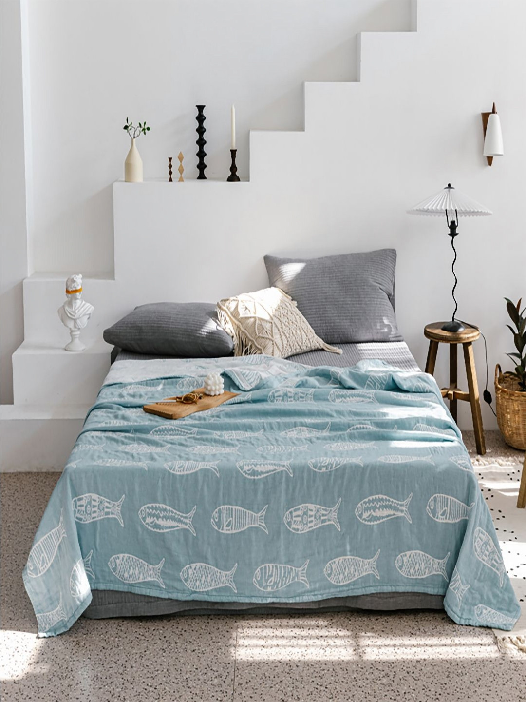 JC HOME Blue & White Conversational 350 GSM AC Room Pure Cotton Single Bed Quilt
