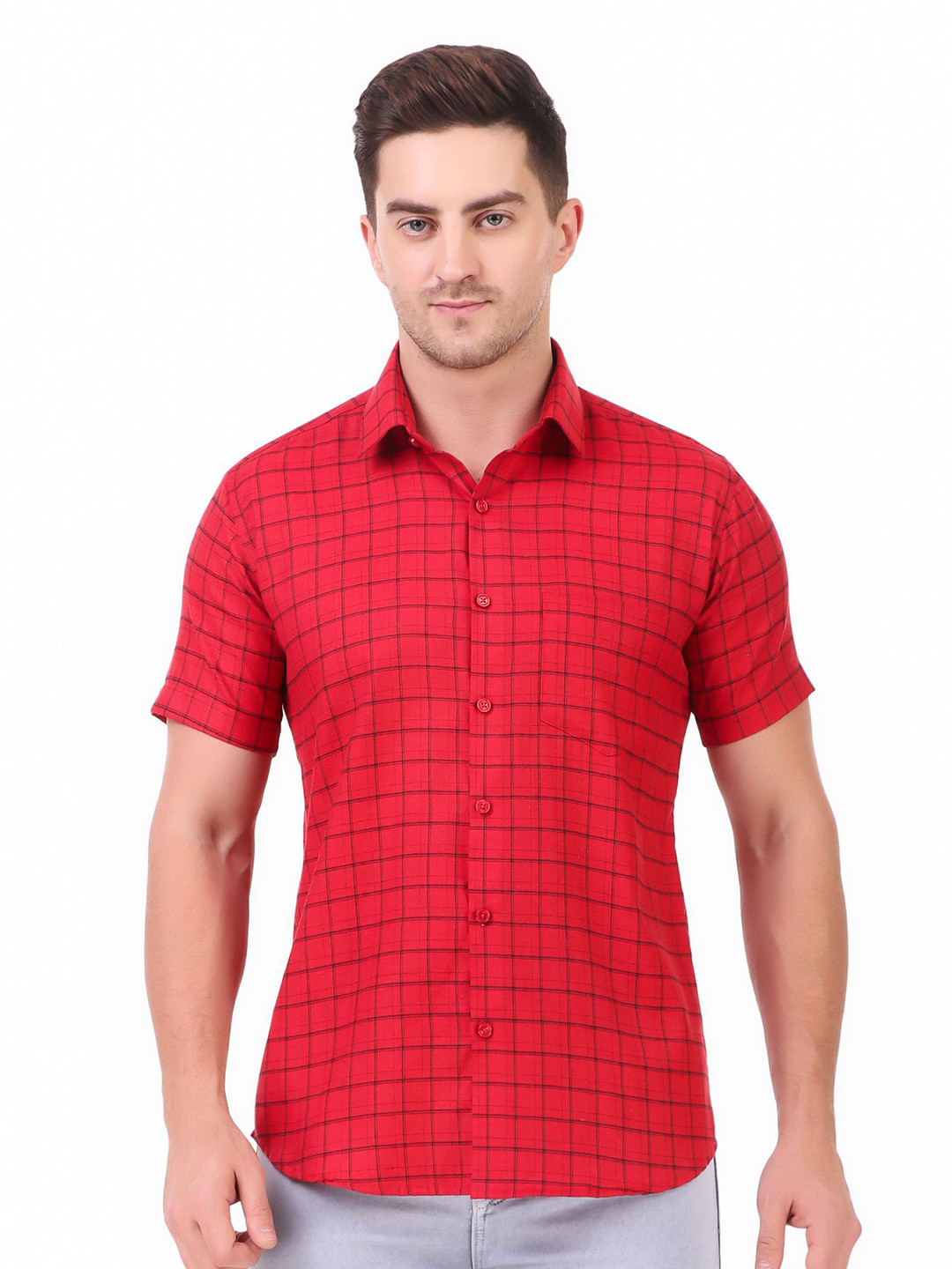 DESIGN UP Men Classic Spread Collar Checked Slim Fit Formal Shirt