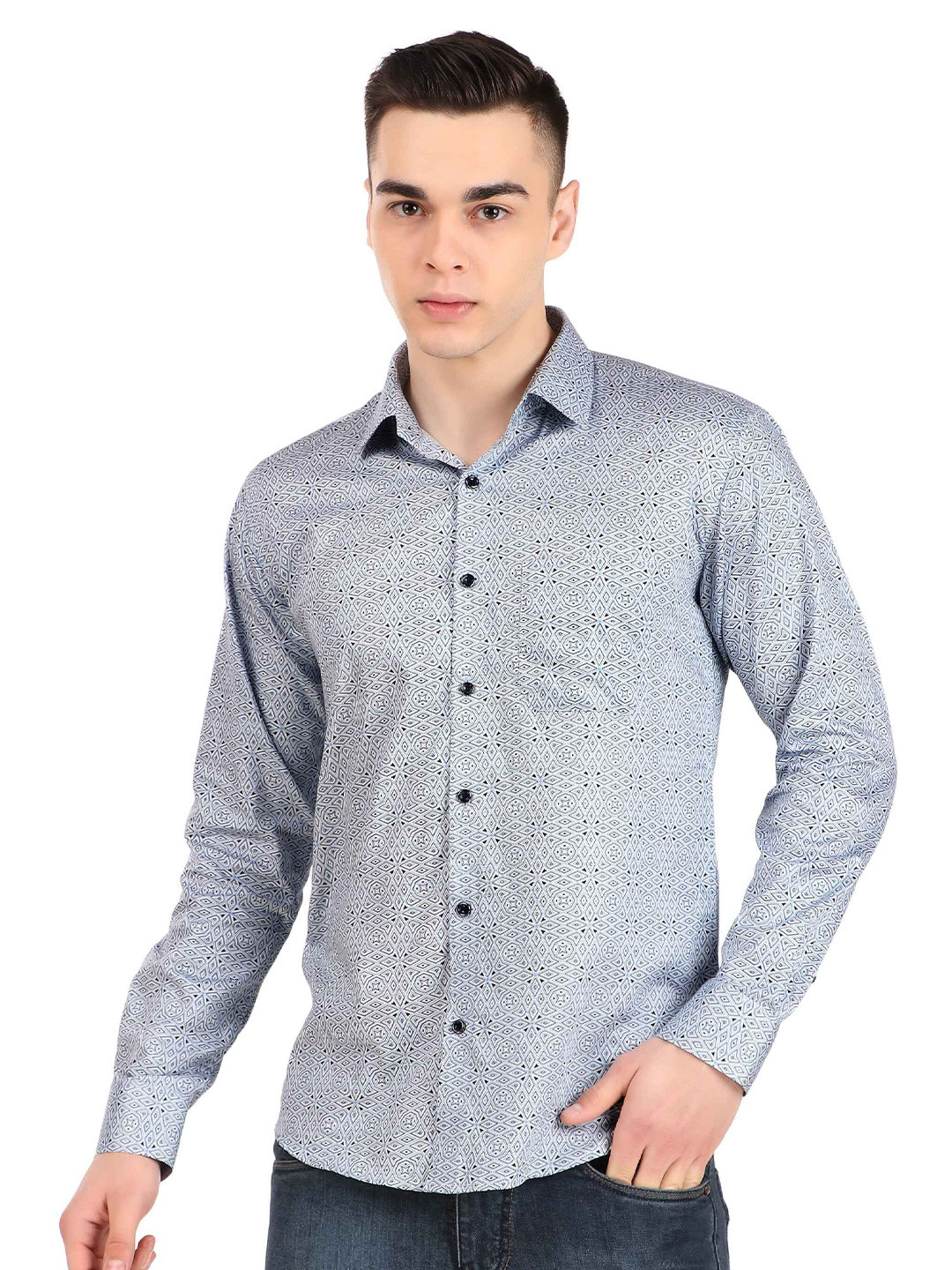 DESIGN UP Men Classic Spread Collar Abstract Printed Cotton Slim Fit Formal Shirt