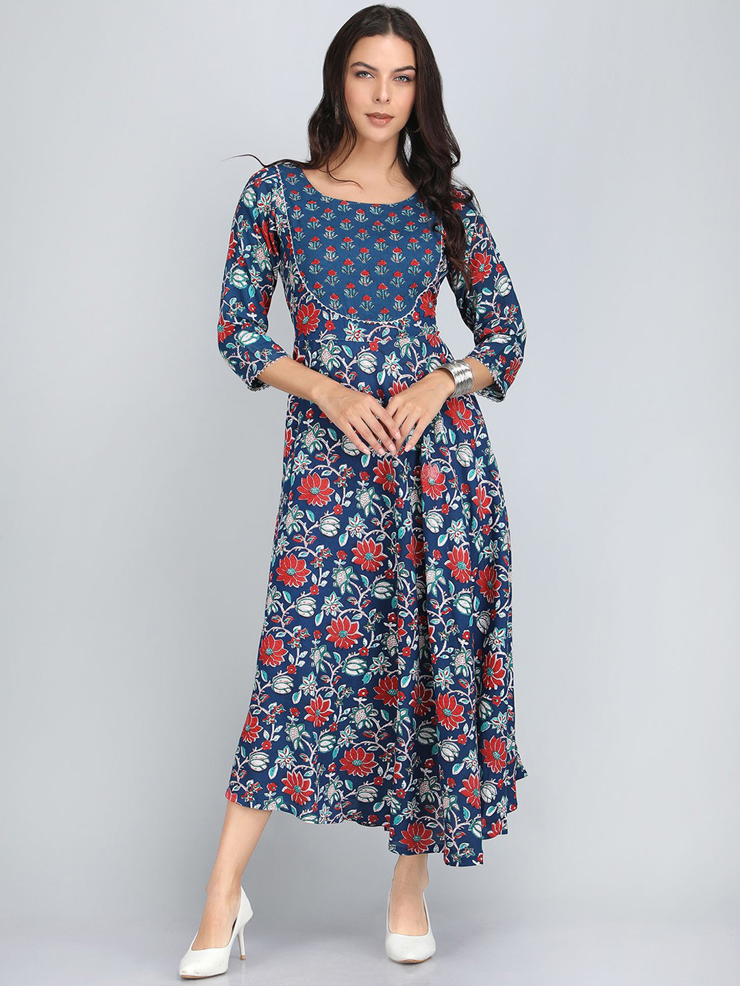 Rubellite Floral Printed Round Neck Fit & Flare Dress