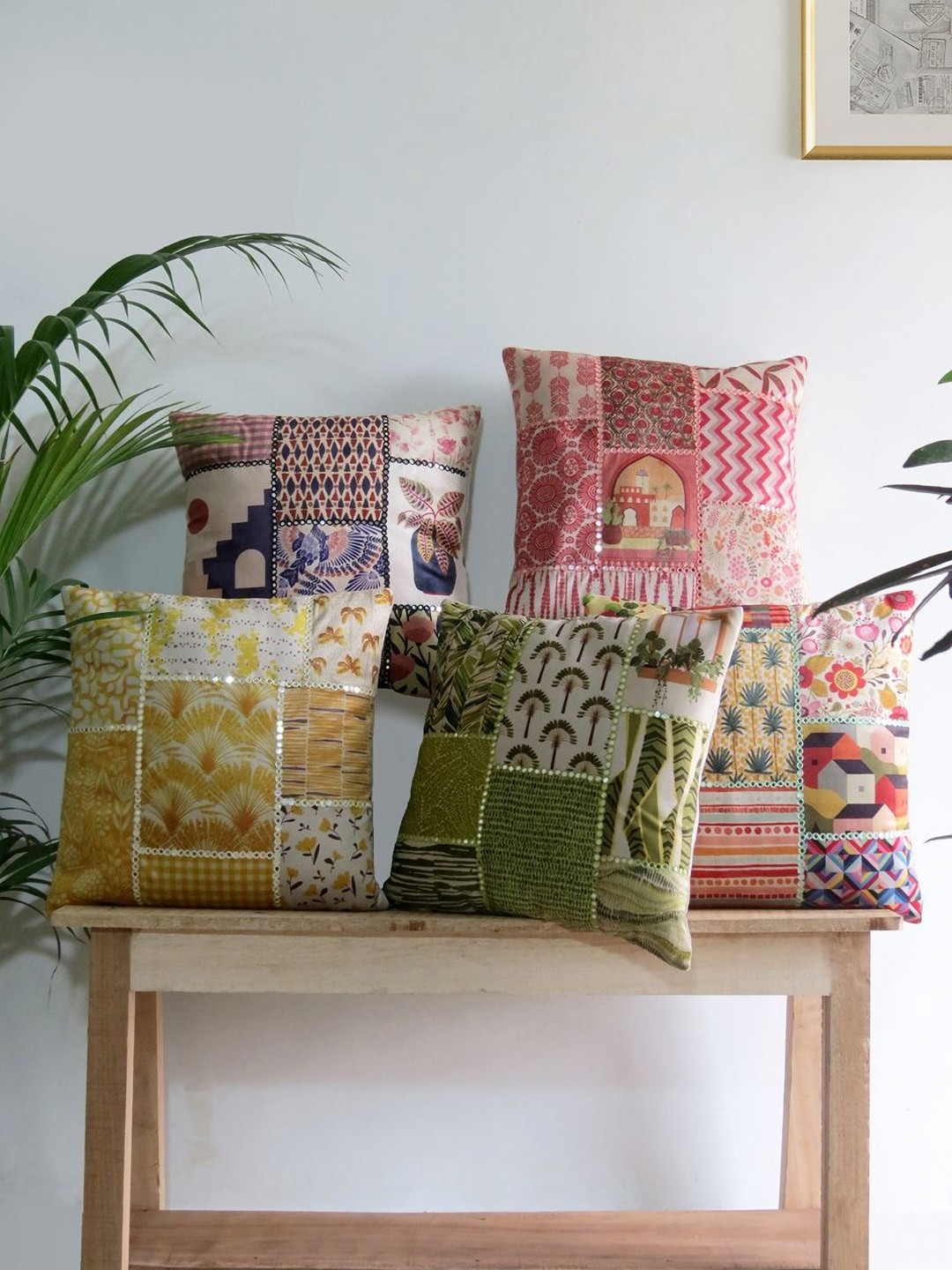 Mid July Home Mirror Work Embellished Velvet 5 Pcs Cushion Covers - 15.7 x 15.7 In