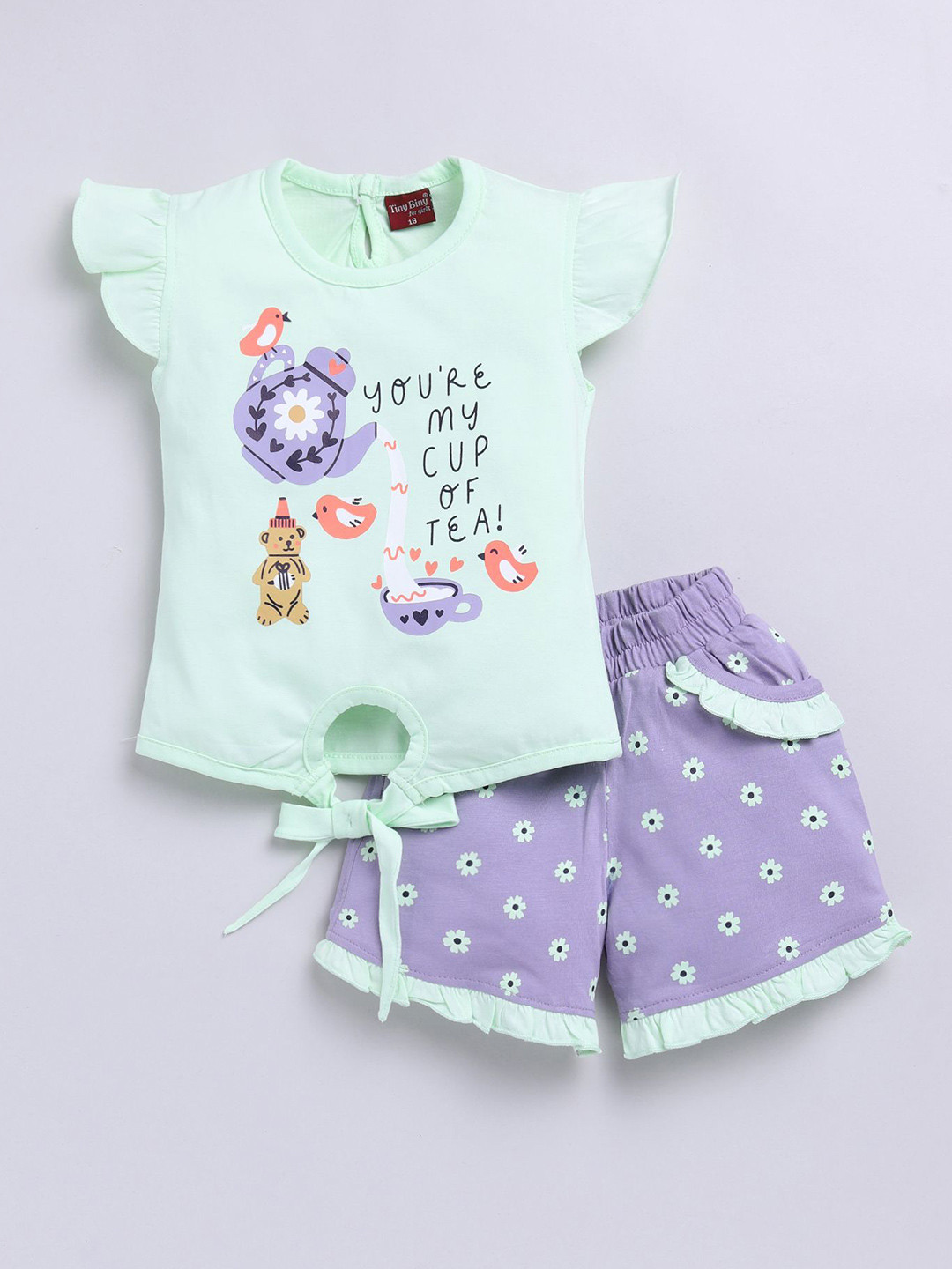 TINY BINY Girls Printed Pure Cotton Top with Shorts