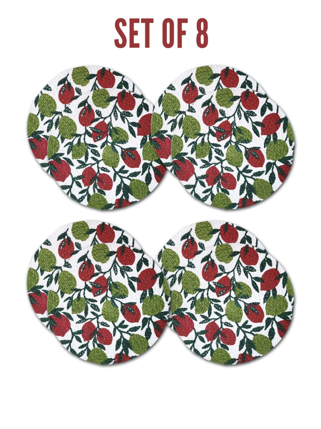 ANA Green & Maroon 8 Pieces Leaf Printed Cotton Round Reversible Kitchen Placemats