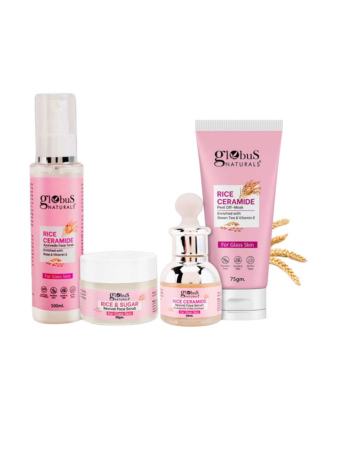 Globus naturals Set Of 4 Rice Ceramide Face Scrub Serum Toner & Peel-Off Mask