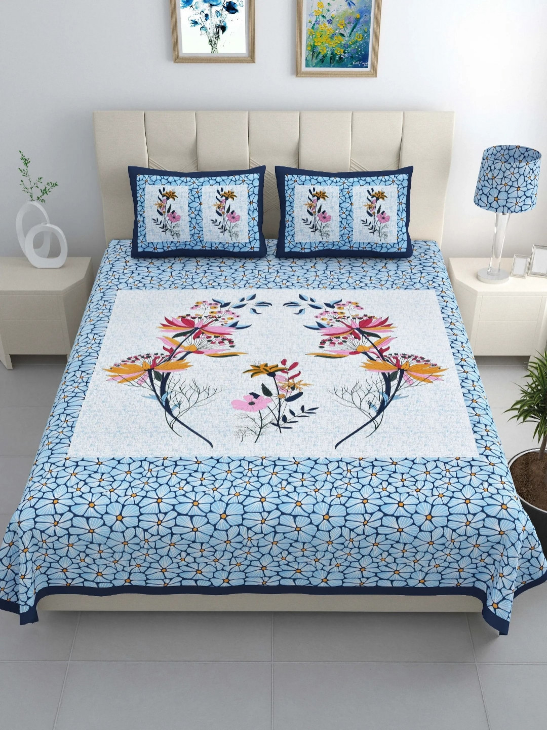 LIVING ROOTS Jaipur Blue Floral Pure Cotton Breathable 210 TC King Fine Bedsheet with 2 Pillow Covers-87 x 93 inches