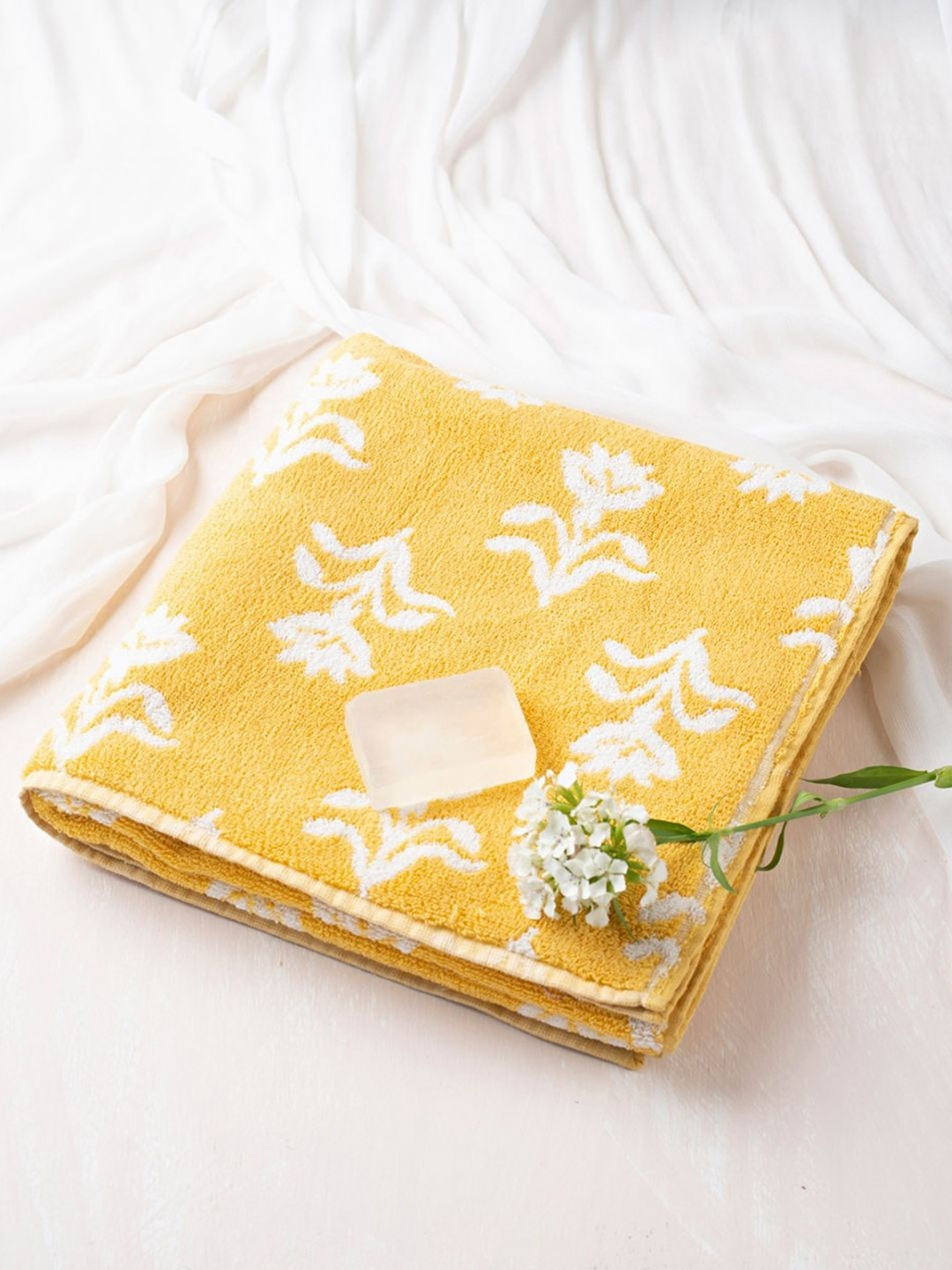 Fabindia Vikal Yellow & Whited Floral Printed 570 GSM Medium Bath Towel
