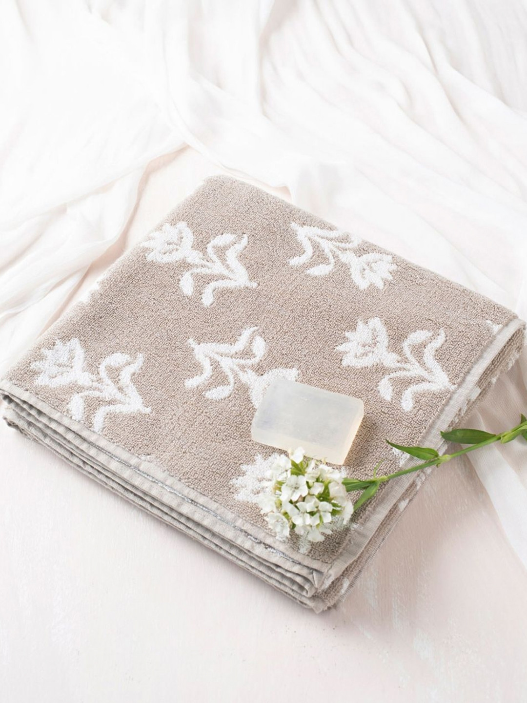 Fabindia Vikal Beige & White 570 GSM Floral Printed Large Bath Towel