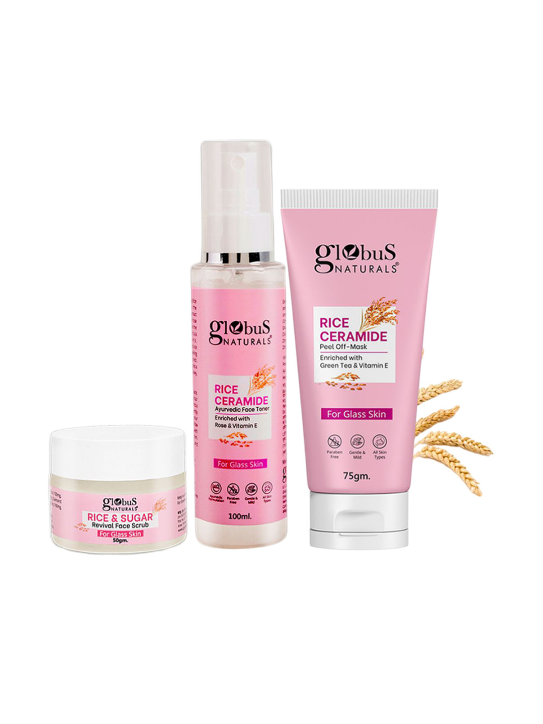 Globus naturals Set Of 3 Rice Ceramid Face Toner-100ml & Face Scrub-50g-Peel Off Mask-75g