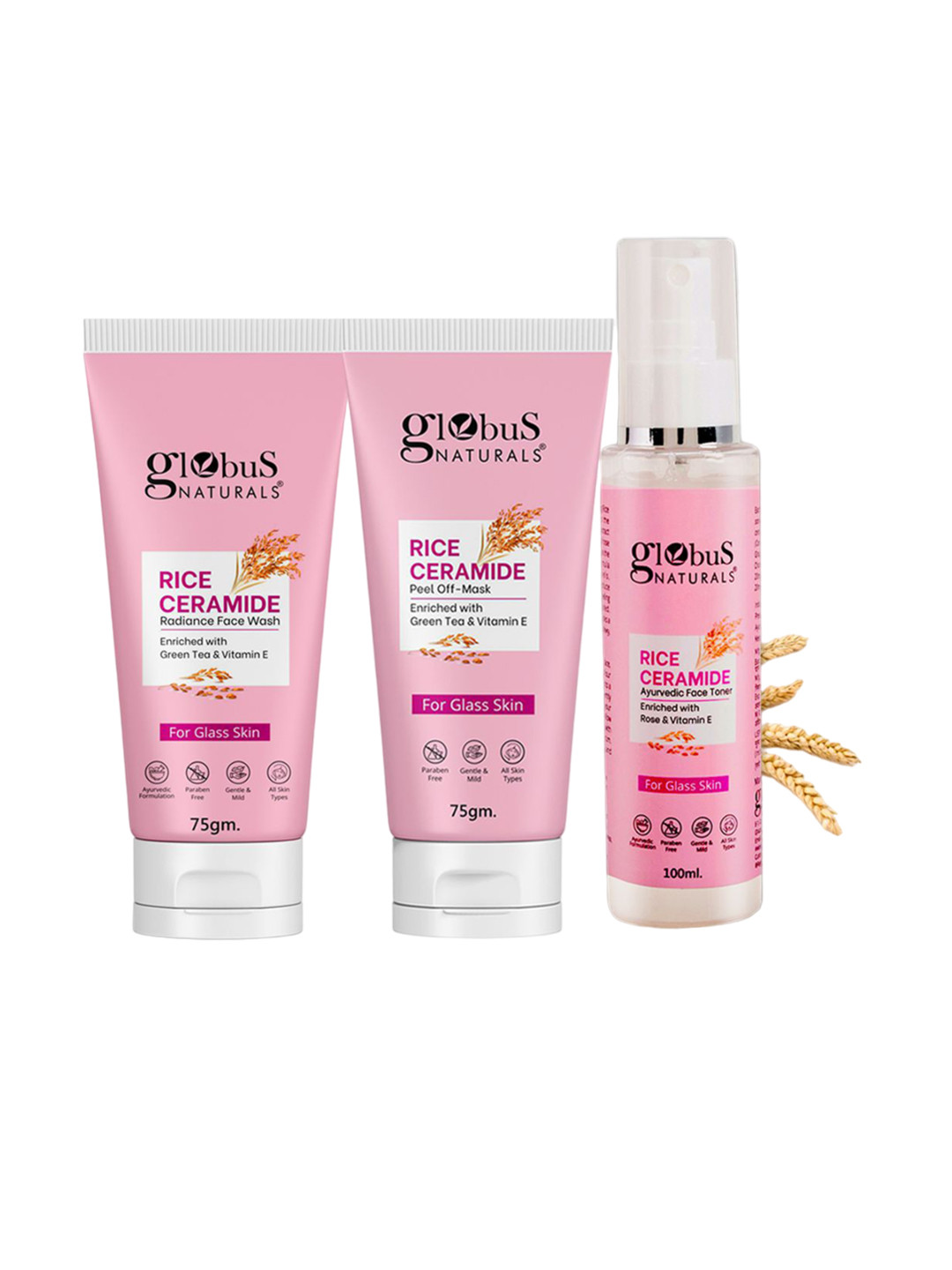 Globus naturals Set Of 3 Rice Ceramide Face Wash Face Toner & Peel off Mask Combo