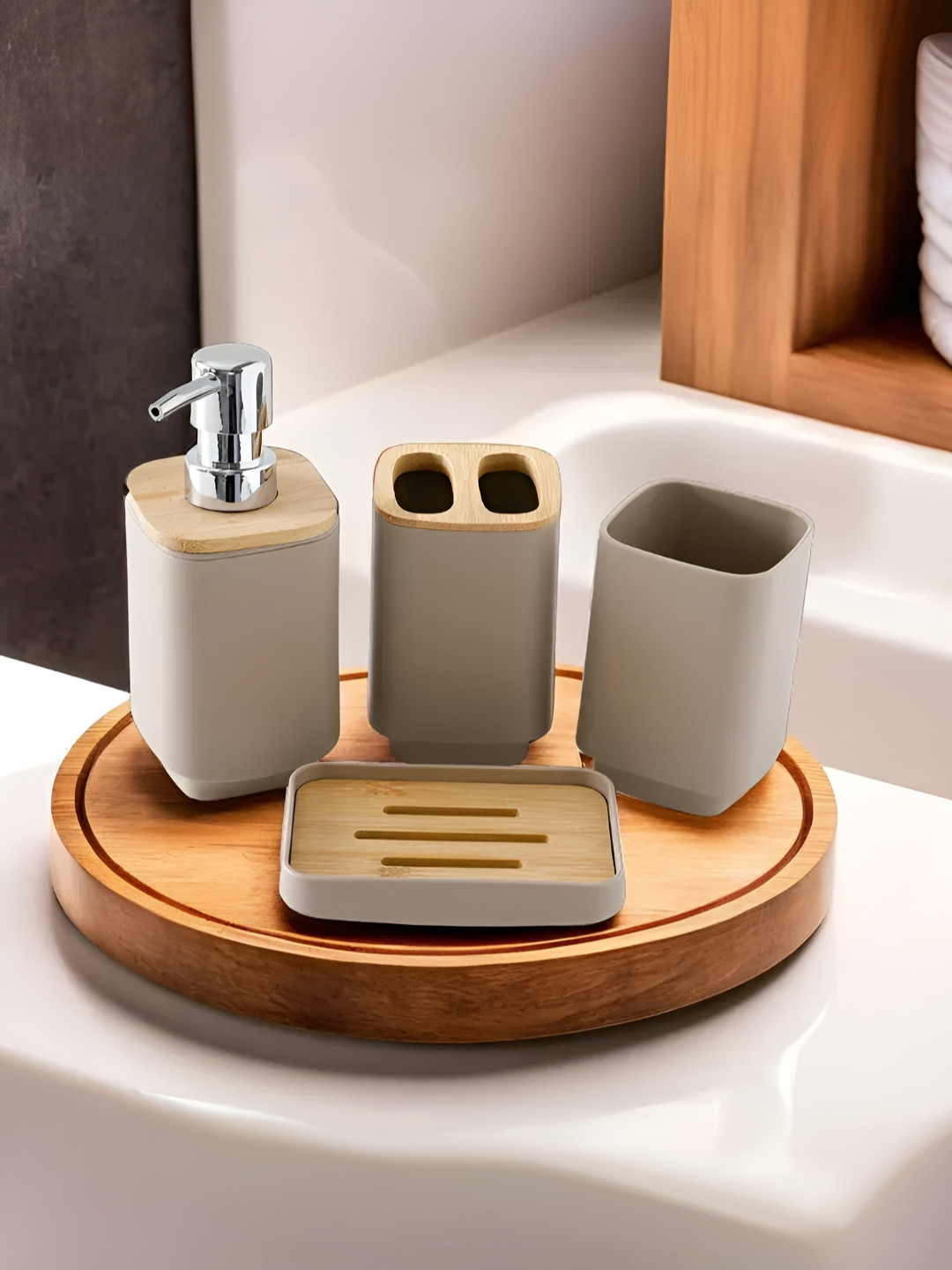 UMAI Grey & Brown 4 Piece Ceramic Matte Bath Accessories Set