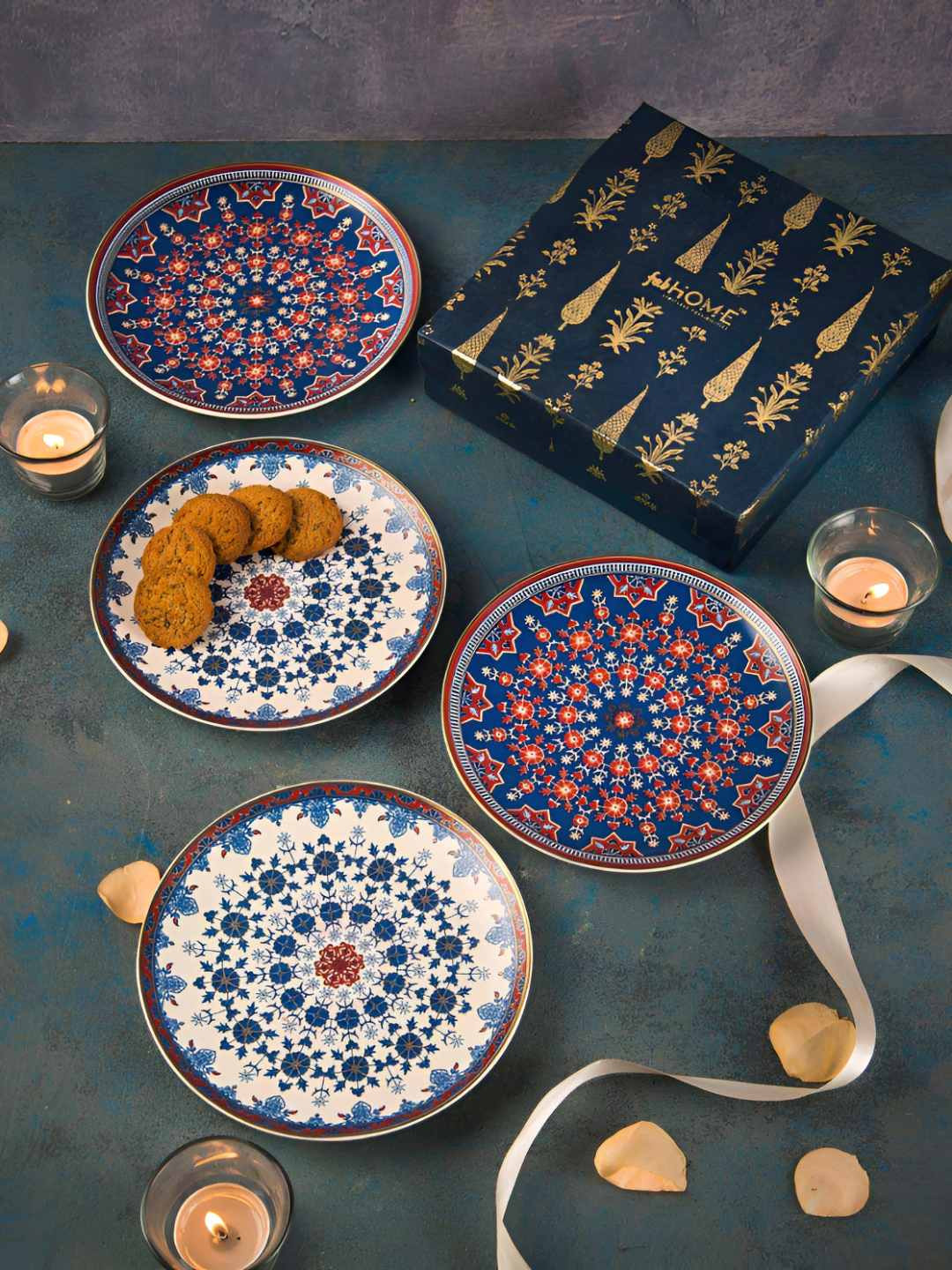 Fabindia Falak White & Blue 3 Pieces Printed Ceramic Snack Plates