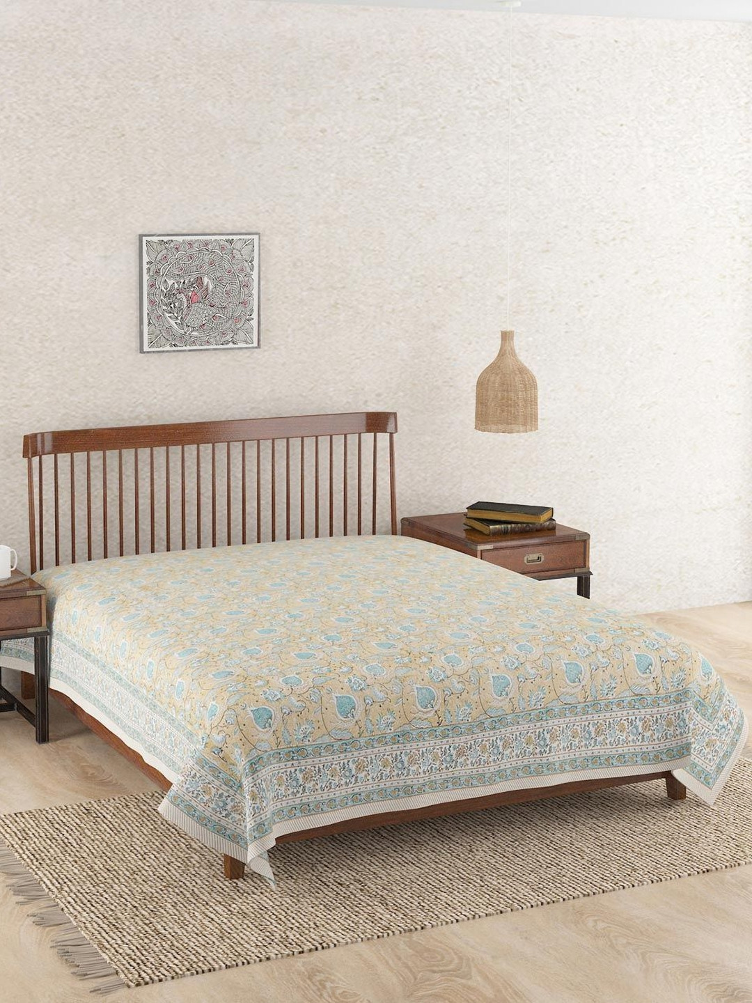 Fabindia Ihania Beige & Blue Floral Printed Cotton Double Bed Cover