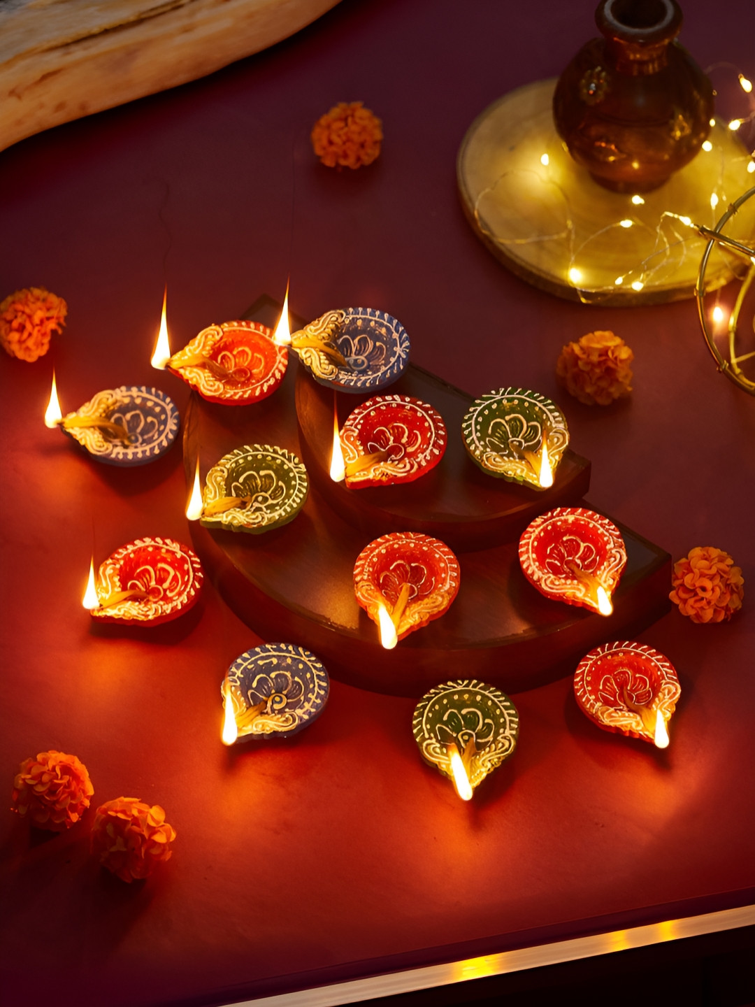 TIED RIBBONS Blue & Green 12 Pieces Floral Printed Terracotta Oil Diyas