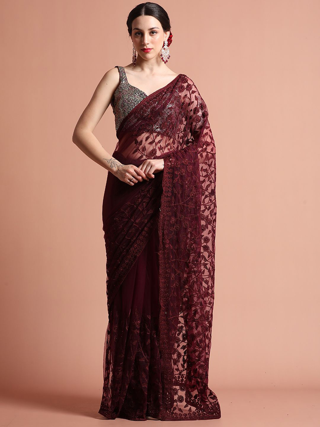 Jaipur Kurti Party Wear Floral Embroidered Net Saree