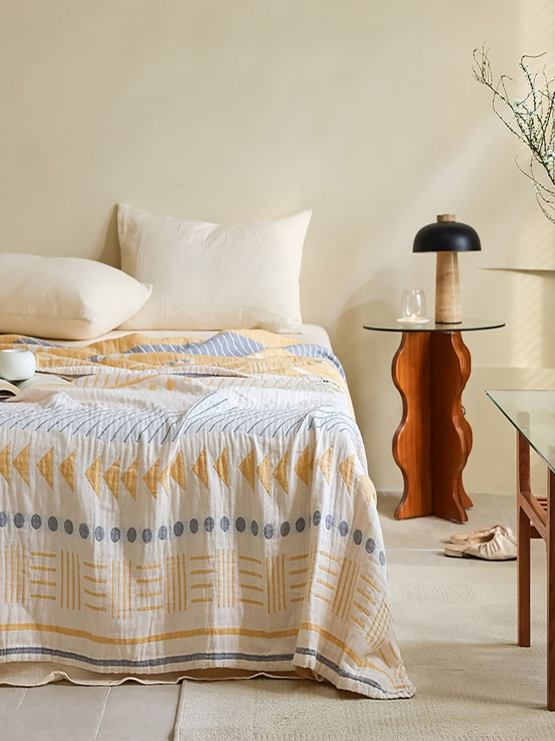 JC HOME White & Blue Geometric Woven Design 300 GSM AC Room Pure Cotton Double Bed Quilt