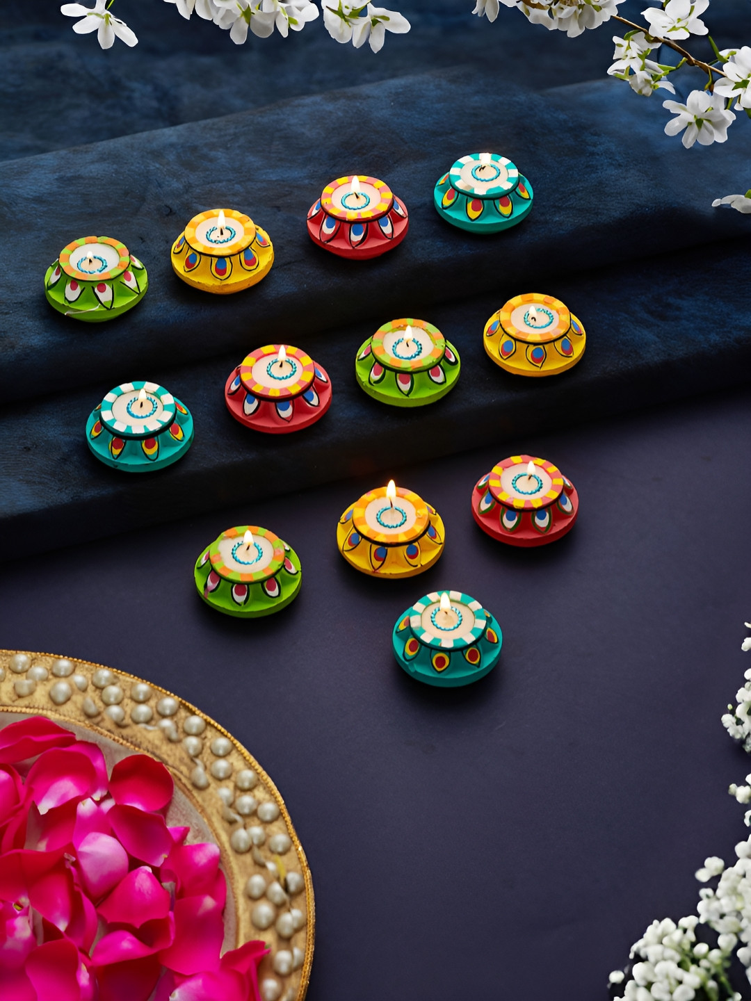 TIED RIBBONS Red & Green 12 Pieces Ethnic Motifs Printed Matka Shaped Terracotta Oil Diyas