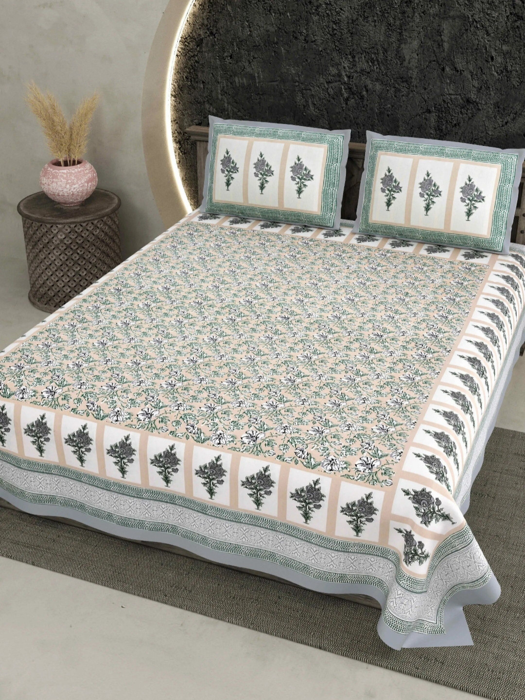 LIVING ROOTS Jaipur White Floral Pure Cotton Breathable 210 TC King Fine Bedsheet with 2 Pillow Covers-86 x 104 inches