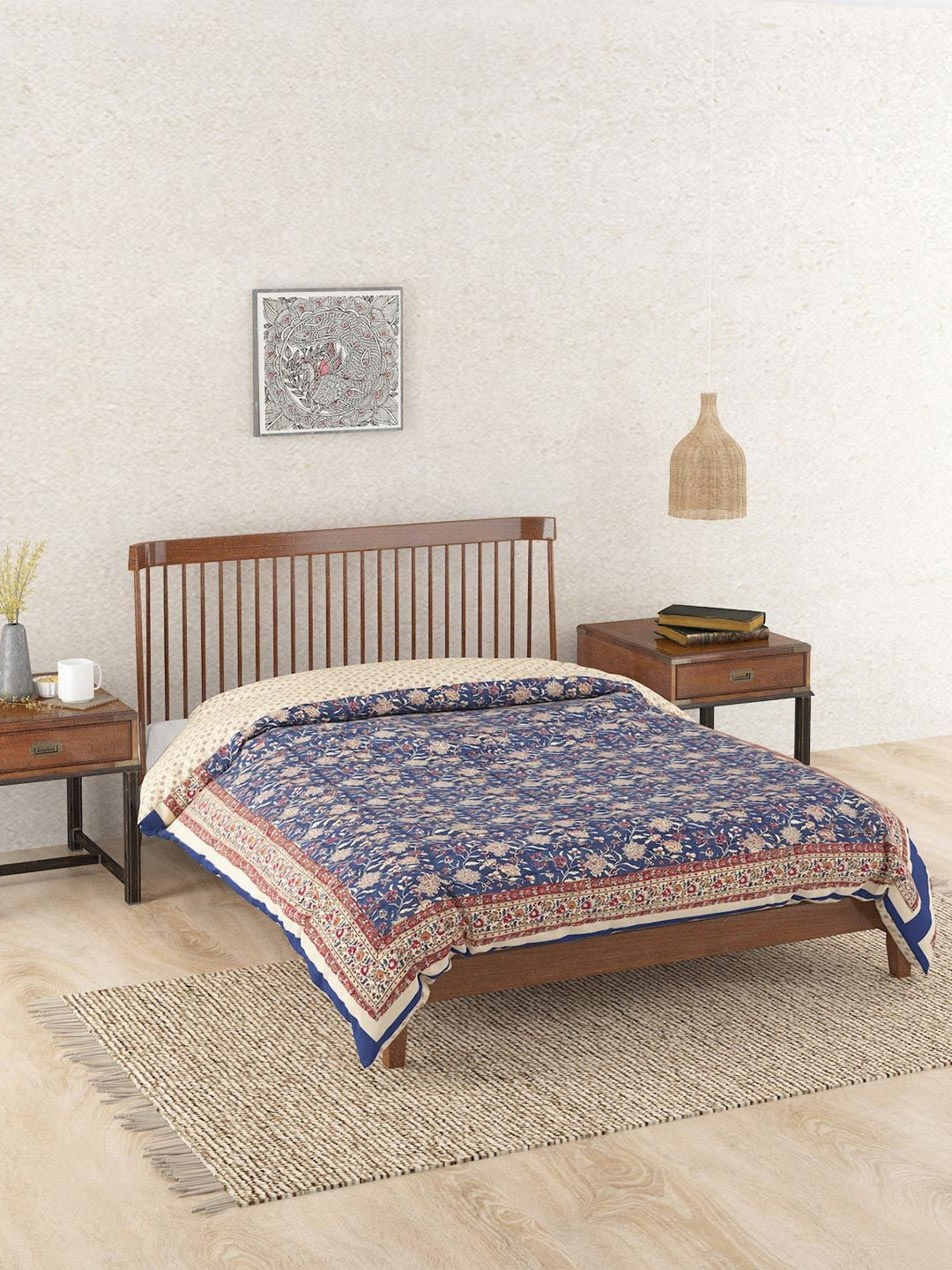 Fabindia Mehulika Blue & Beige Ethnic Motifs 90 GSM AC Room Cotton Double Bed Quilt