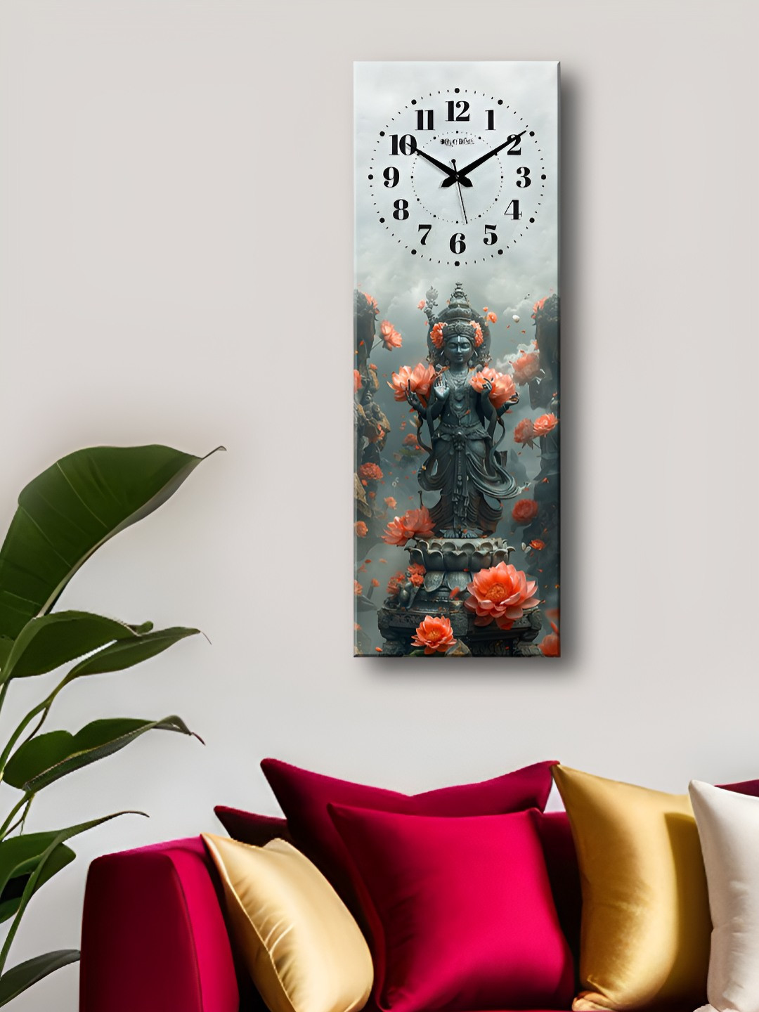 OLIVE TREE Grey & Orange Coloured Printed Rectangle Shaped Wooden Analogue Wall Clock