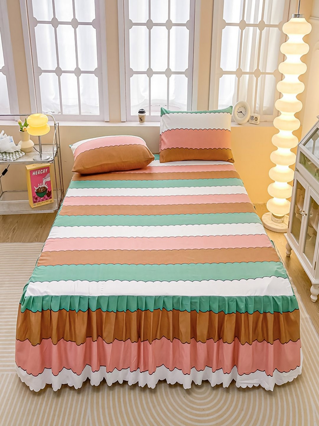 JC HOME Pink & Green Striped 150 TC Fitted King Bedsheet with 2 Pillow Covers