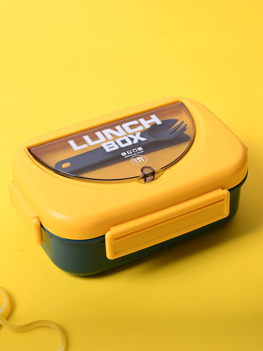 MARKET99 Yellow Typography Plastic Easy to Clean 3PCs Lunch Box With Spoon and Fork