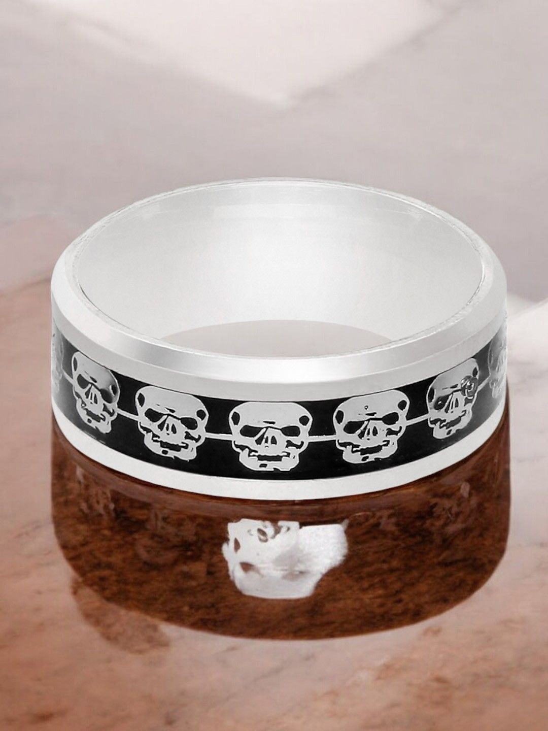 fabula Men Stainless Steel Puck Skull Broad Band Finger Ring