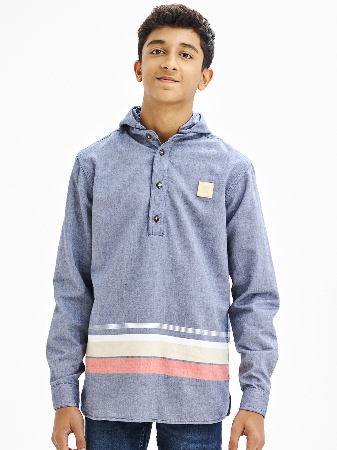 NO MONDAYS Boys Relaxed Hood Striped Cotton Casual Shirt