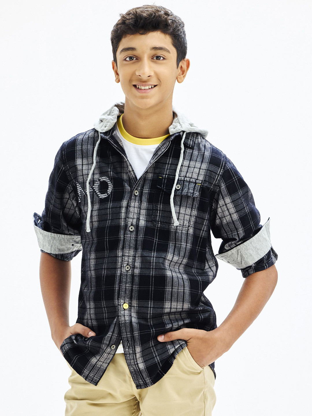 NO MONDAYS Boys Relaxed Spread Collar Tartan Checked Cotton Casual Shirt