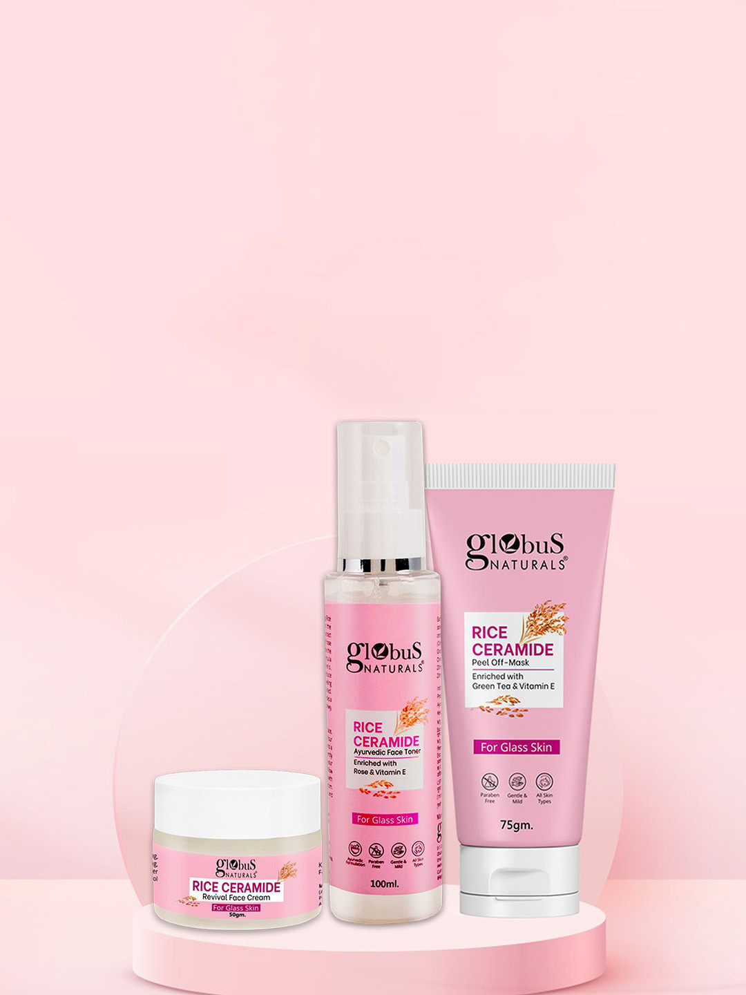Globus naturals Set Of 3 Rice Ceramid Face Toner -100ml Cream-50g & Peel Off Mask-75g