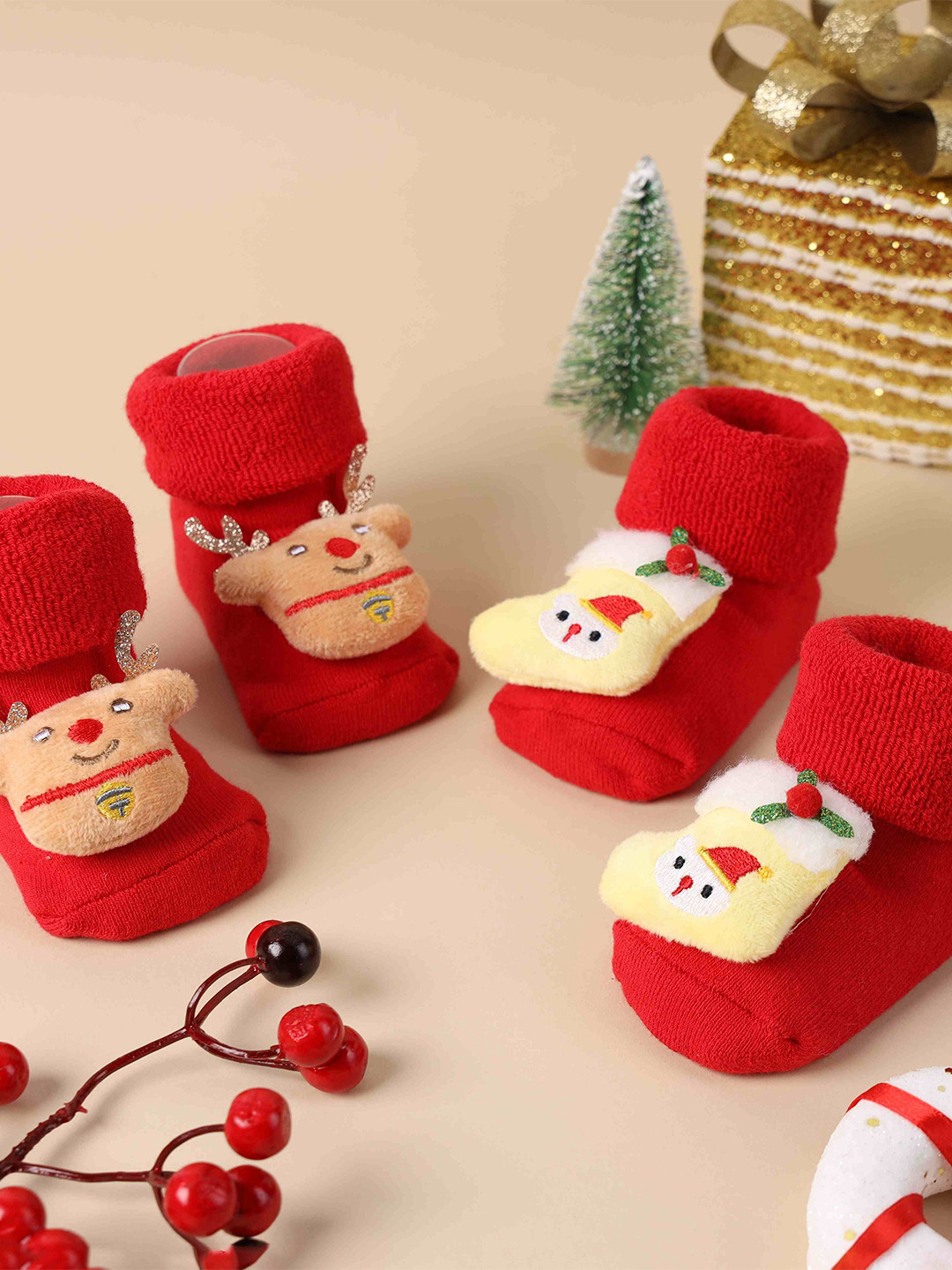 KICKS & CRAWL Infants  Reindeer Christmas Patterned Ankle Length Socks Pack Of 2