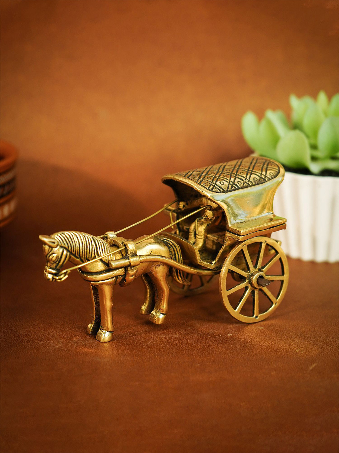 Ekhasa Horse Cart Gold Brass Metallic Living Room Tiny Showpiece - 2.8 Inches