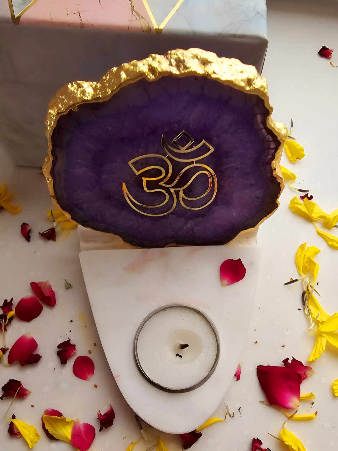 HOMEARTE White & Purple OM Agate with marble base Tea light Religious Candle Holder