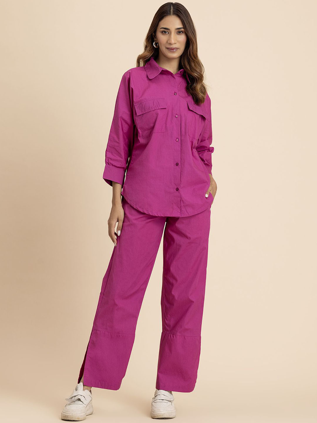 Moomaya Cuffed Sleeves Pure Cotton Shirt With Trousers
