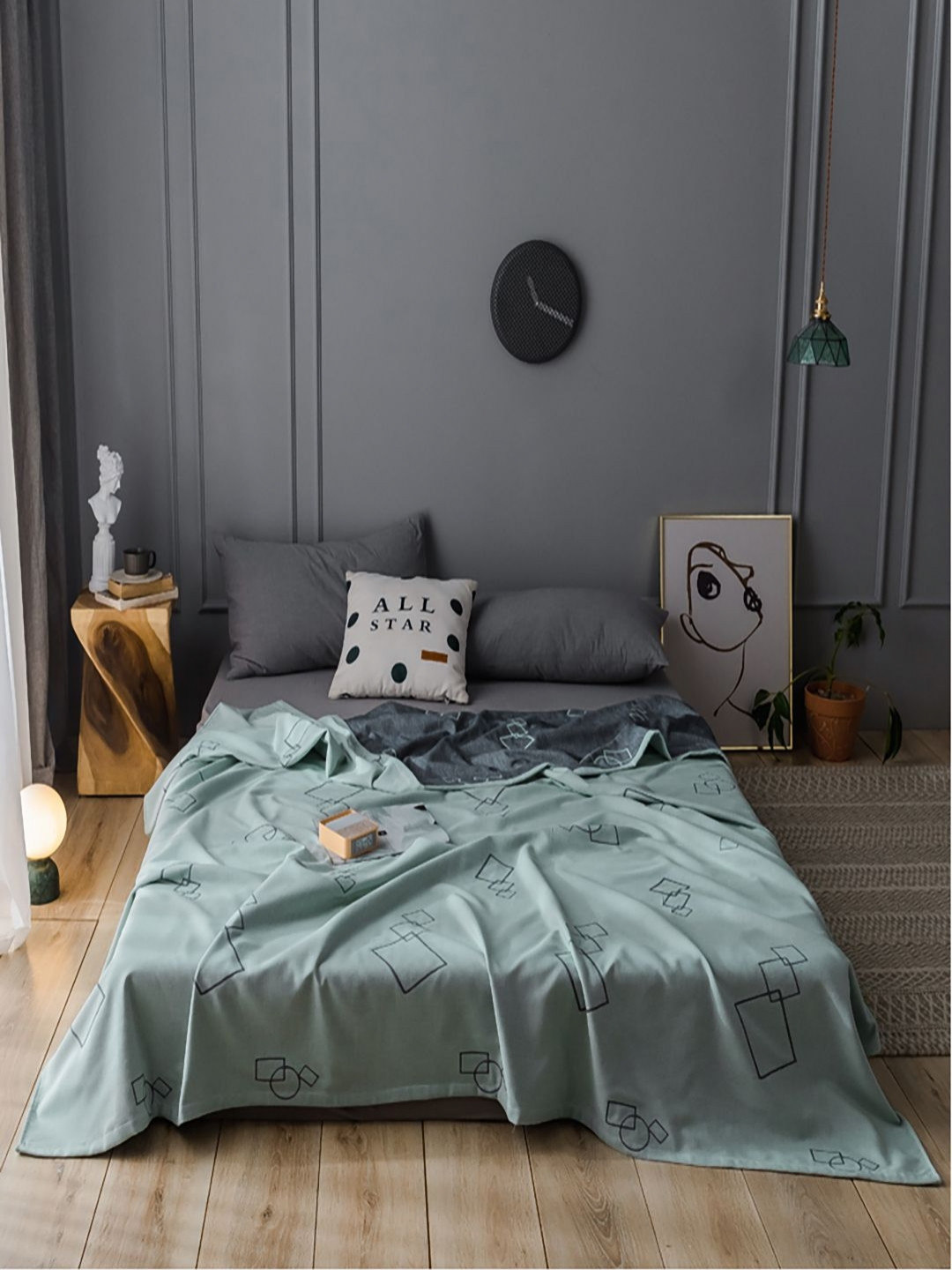 JC HOME Green & Grey Geometric Woven Design 300 GSM AC Room Pure Cotton Bed Quilt