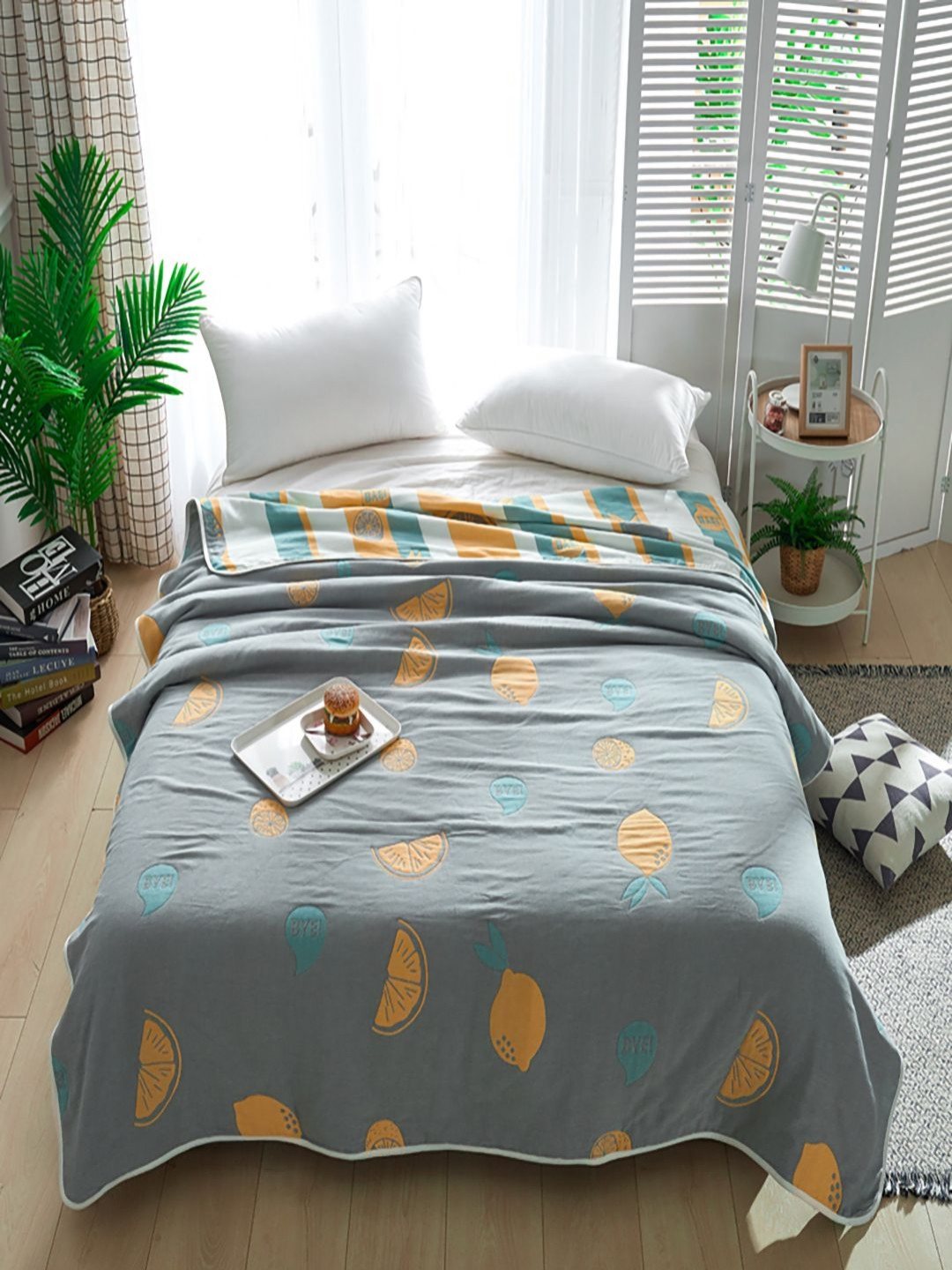 JC HOME Grey & Blue Woven Design 400 GSM AC Room Pure Cotton Double Bed Quilt