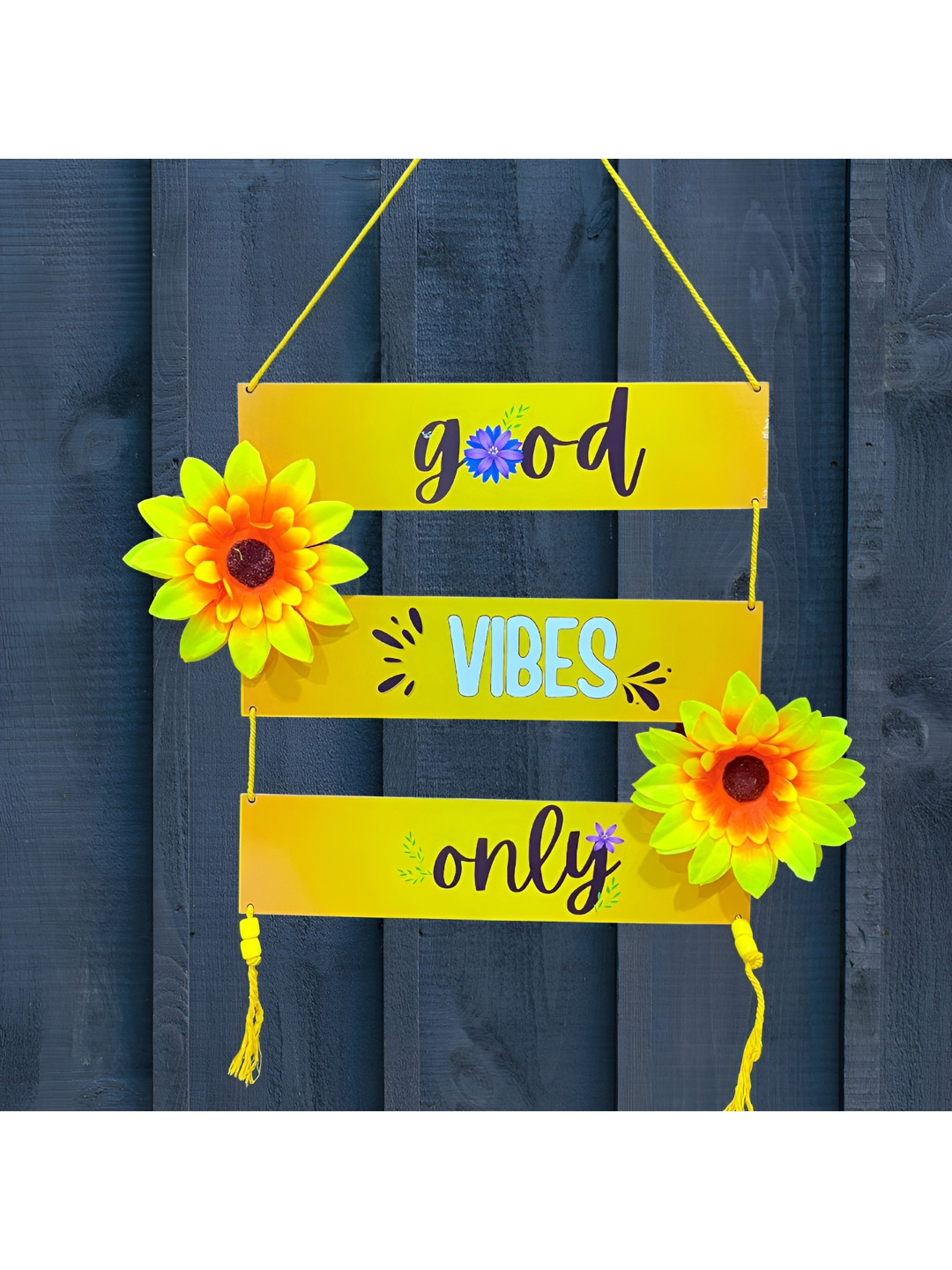 Akaar Good Vibes Only Wood Floral Matte Hanging Hall Wall Hangings-3In