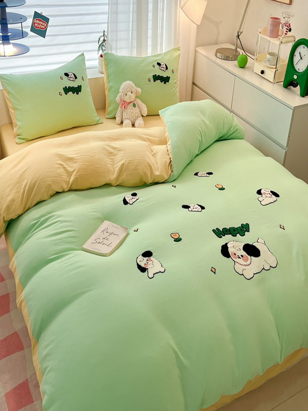 JC HOME Yellow & Green Geometric Polycotton 3 Piece Double King Regular Bedding Set