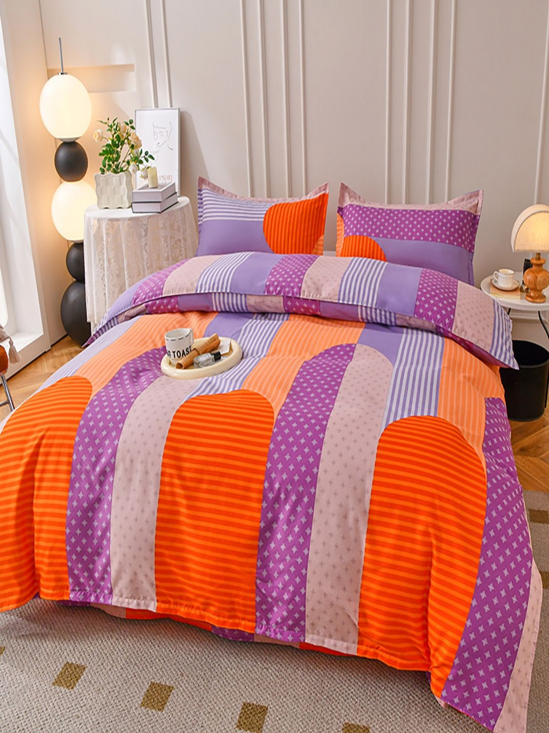 JC HOME Orange & Purple Geometric Polycotton 4 Piece Double King Regular Bedding Set