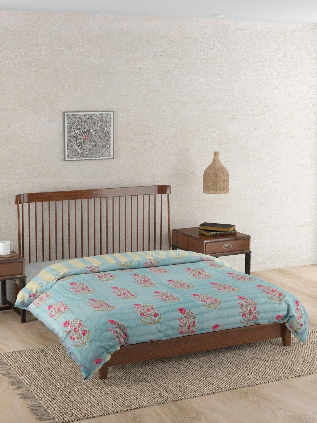 Fabindia Rasika Blue & Pink Ethnic Motifs Printed 354 GSM Cotton Double Blanket Quilt