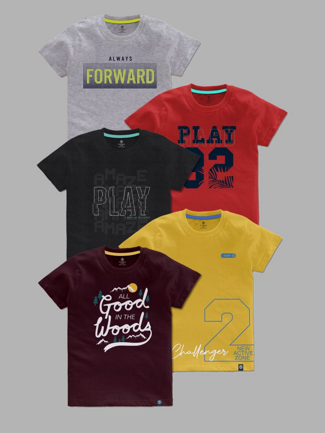 CODEZ Pack Of 5 Boys Typography Printed Round Neck Cotton T-shirts