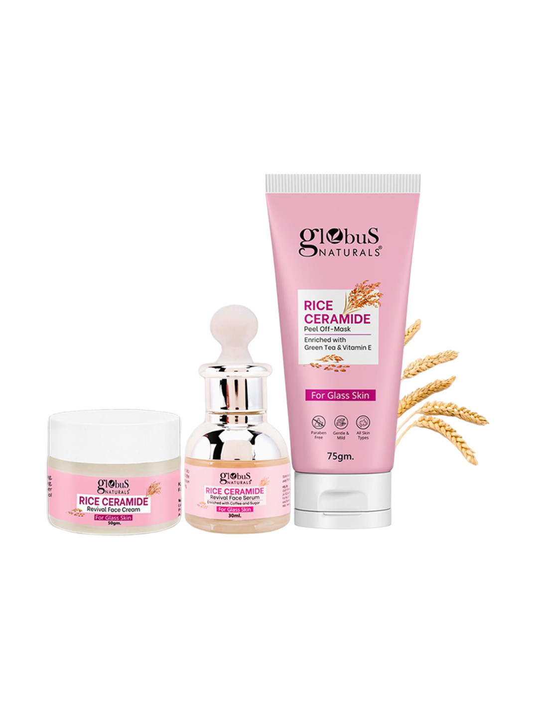 Globus naturals Set Of 3 Rice Ceramide Combo Face Cream, Face Serum, Peel Off Mask