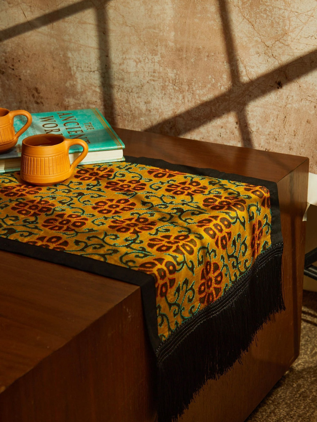 MAATIR DESIGNS Yellow & Red Floral Embroided Pure Silk Table Runner