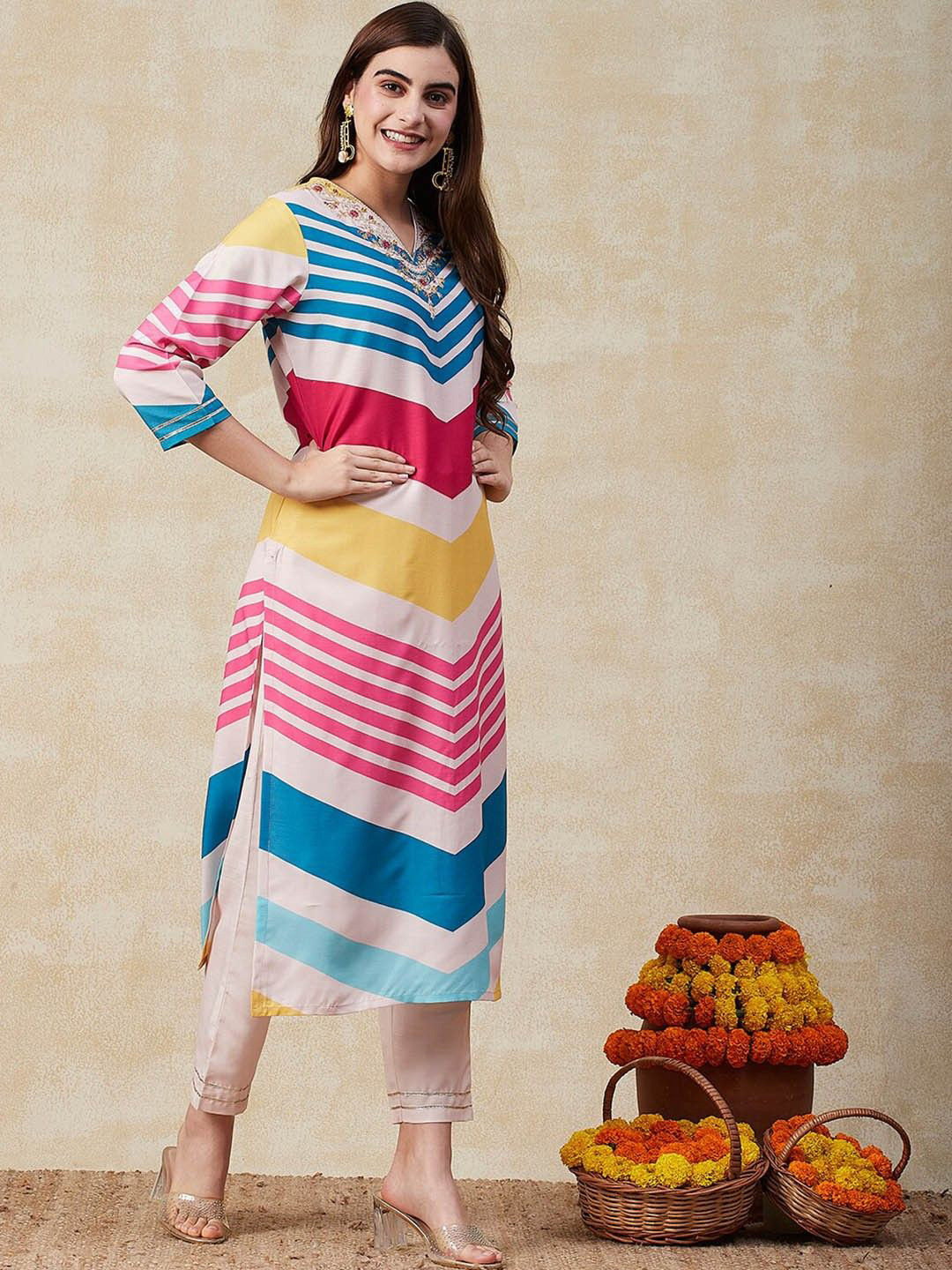 Anni Designer Striped V-Neck Straight Kurta with Trousers & Dupatta