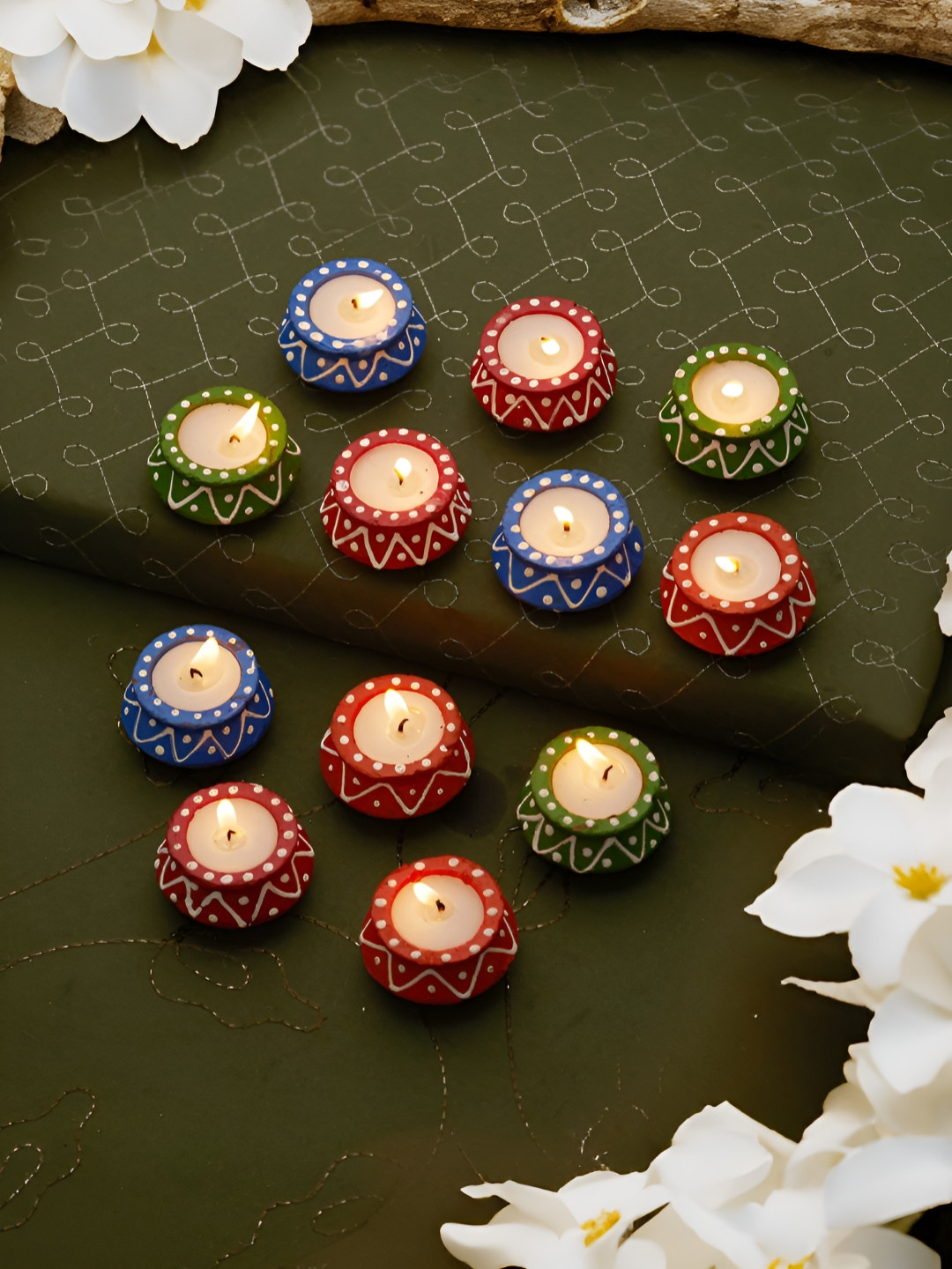 TIED RIBBONS Blue and Red 12 Pcs Wax Filled Terracotta Diyas